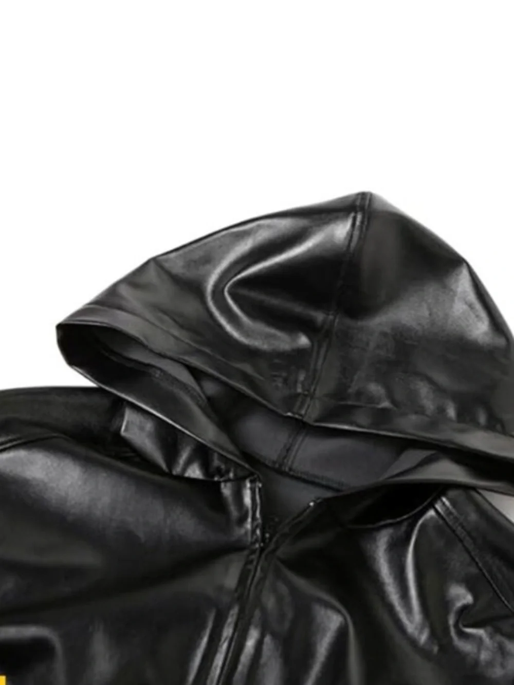 KHY Oversized Black Faux Leather Hooded Bomber Jacket Sz M - Picture 9 of 14